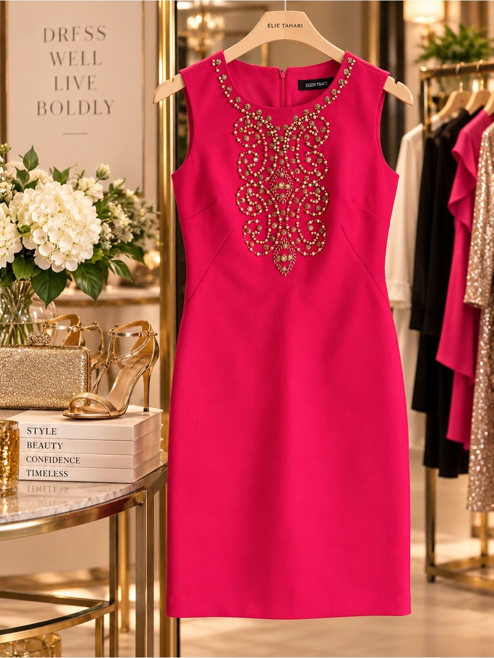 Ellen Tracy Fuchsia Beaded Sleeveless Sheath Dress